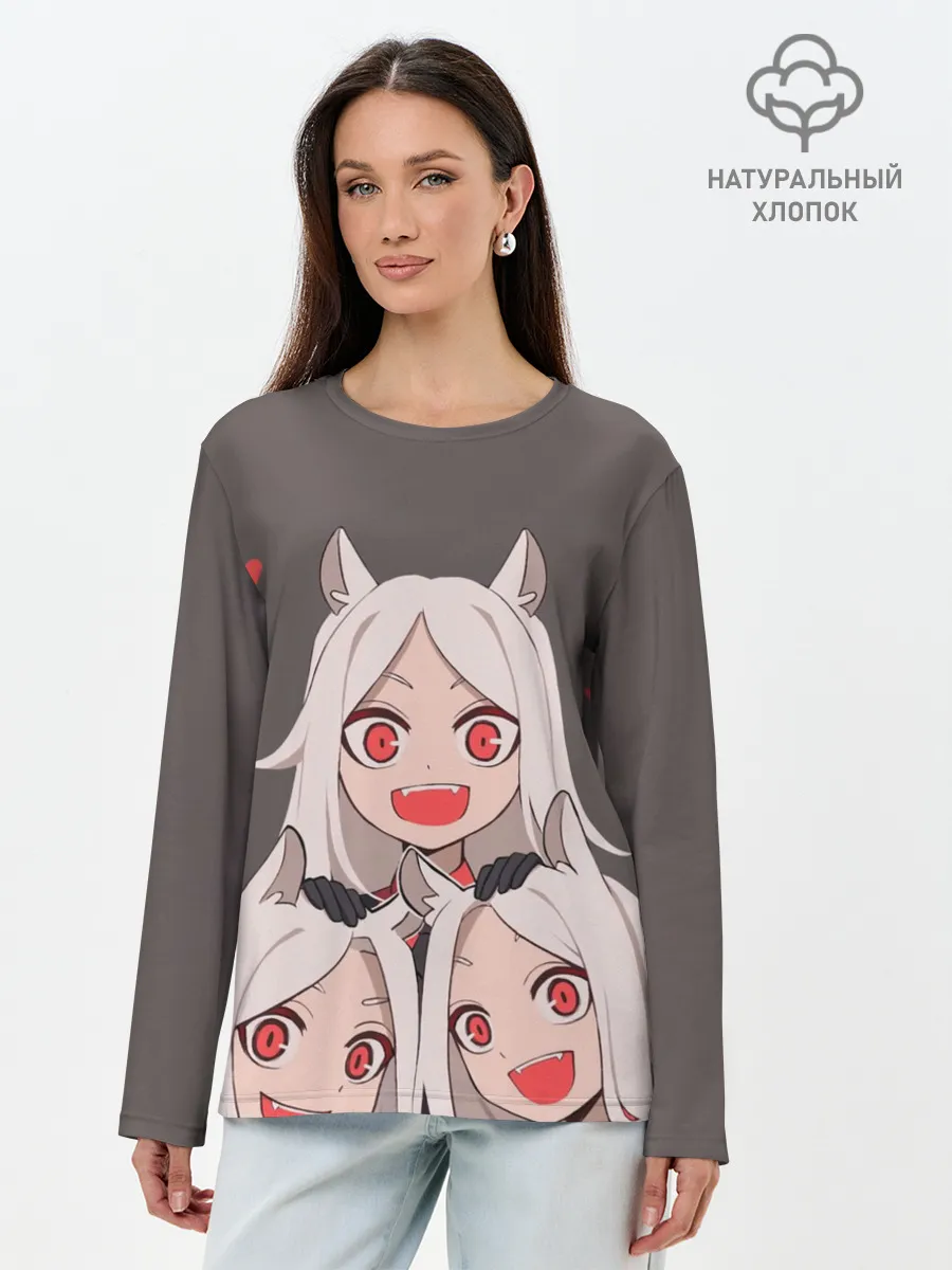Лонгслив женский. Хлопок / Cerberus с сердечками Helltaker