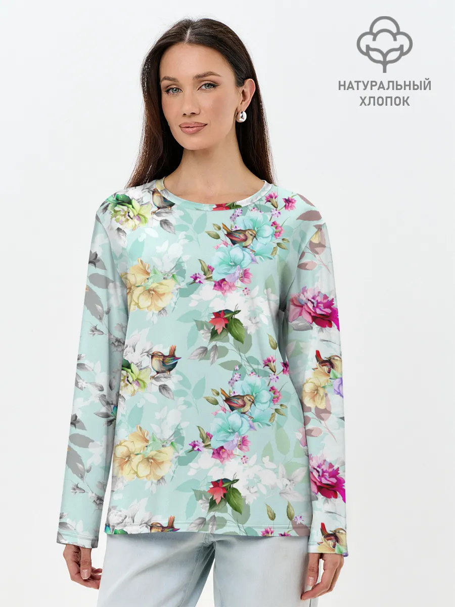 Лонгслив женский. Хлопок / Весенние цветы