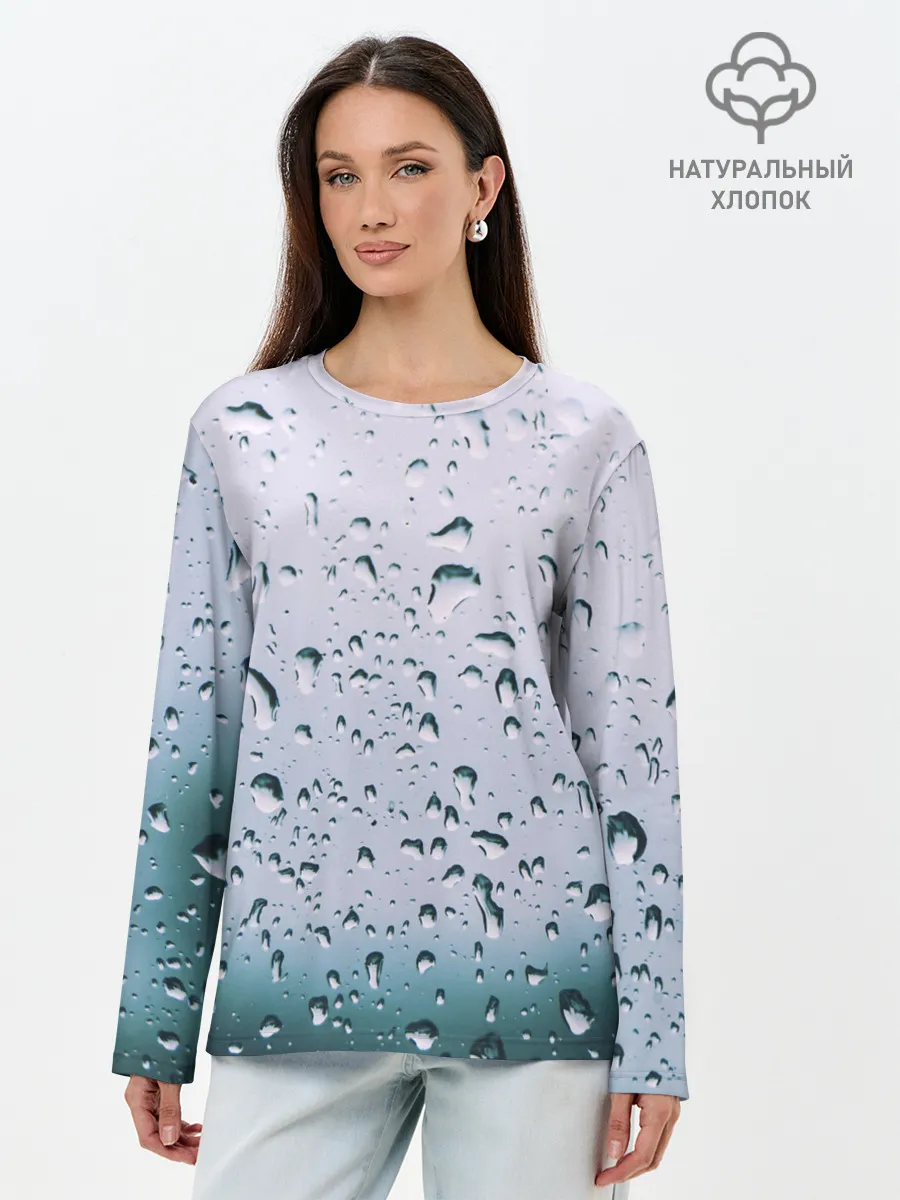 Лонгслив женский. Хлопок / Капли окно стекло дождь серо