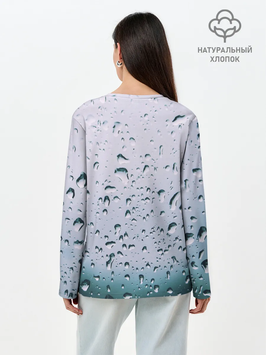 Лонгслив женский. Хлопок / Капли окно стекло дождь серо