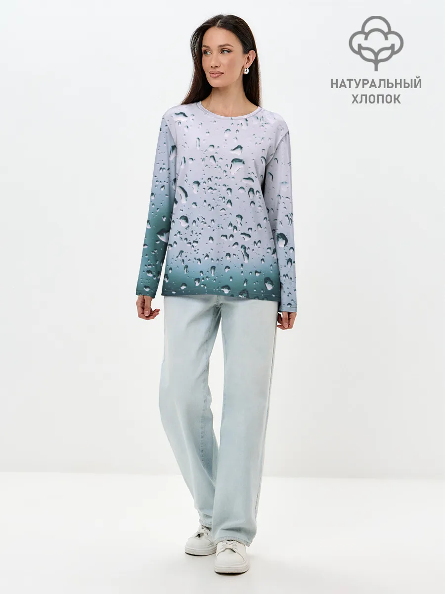 Лонгслив женский. Хлопок / Капли окно стекло дождь серо