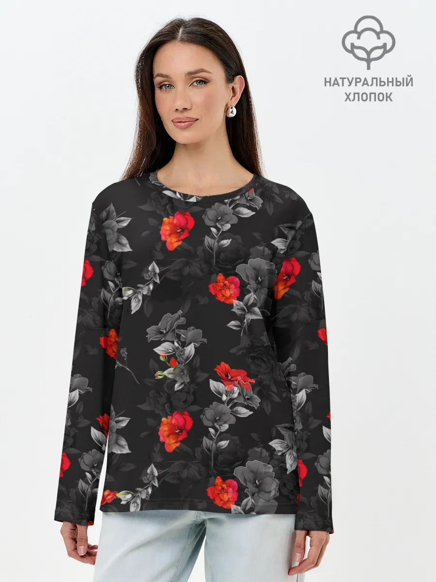 Лонгслив женский. Хлопок / Красные цветы