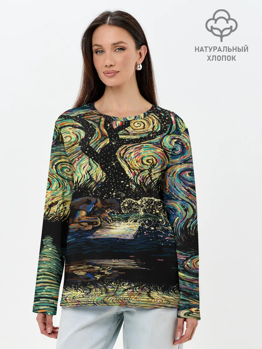 Лонгслив женский. Хлопок / НОЧЬ В ЛЕСУ