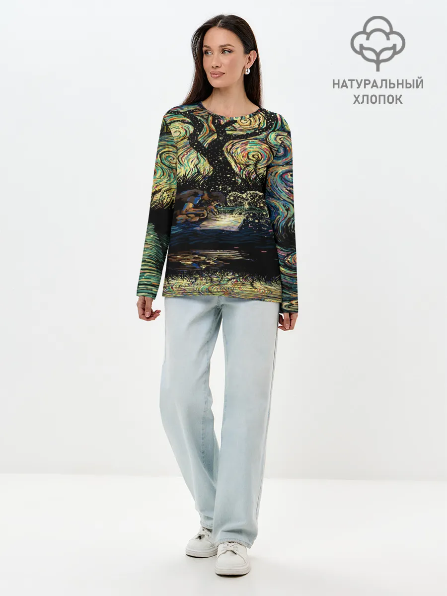 Лонгслив женский. Хлопок / НОЧЬ В ЛЕСУ
