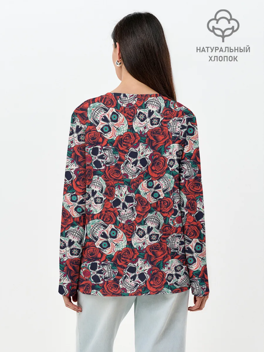Лонгслив женский. Хлопок / Тату черепа и розы