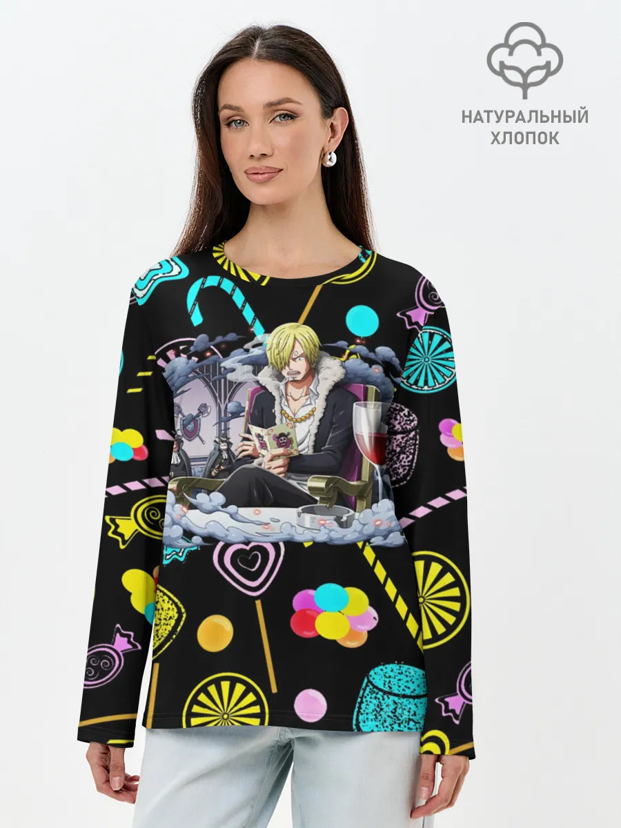 Лонгслив женский. Хлопок / Винсмок Санджи. Фон со сладостями