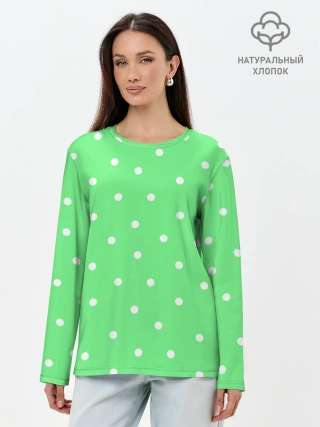 Лонгслив женский. Хлопок / Горошек на зеленом