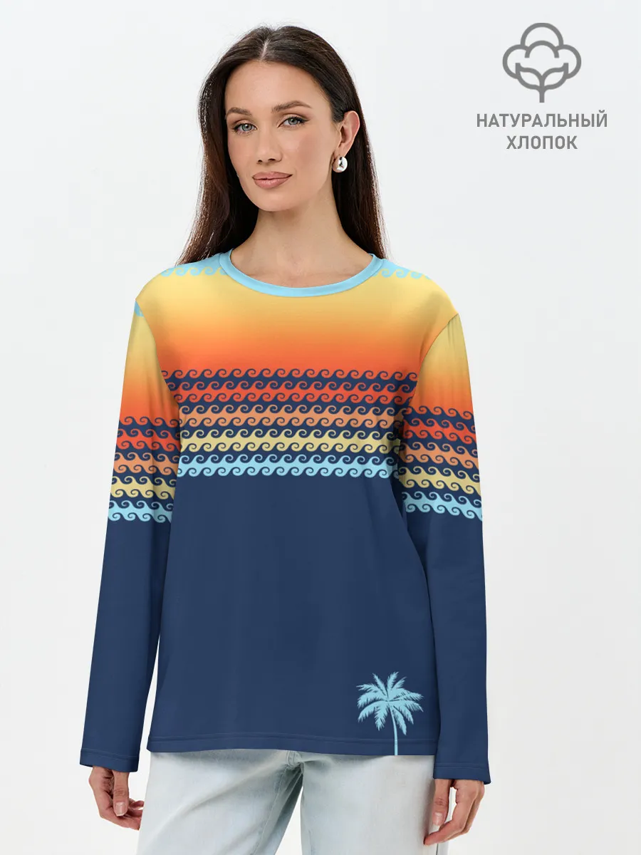 Лонгслив женский. Хлопок / Летние волны и пальма