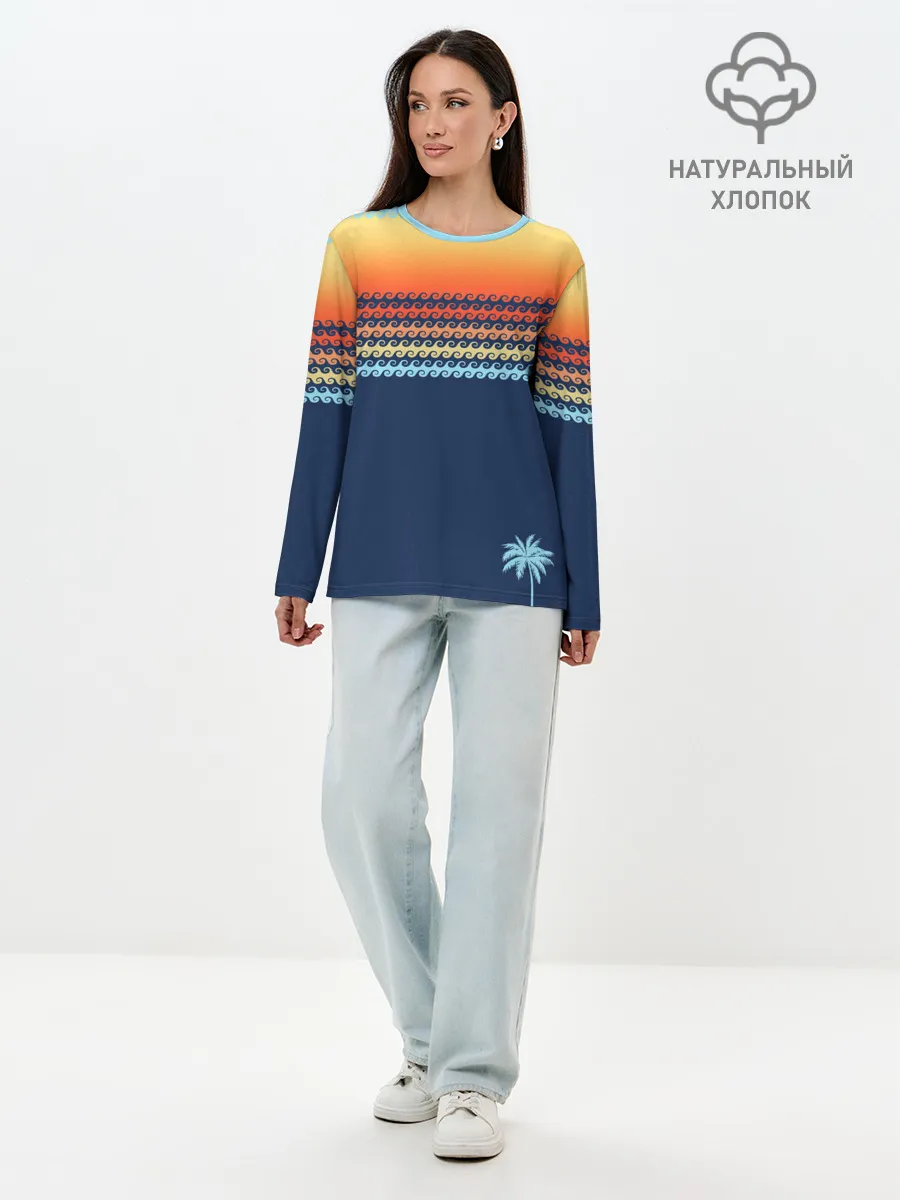Лонгслив женский. Хлопок / Летние волны и пальма