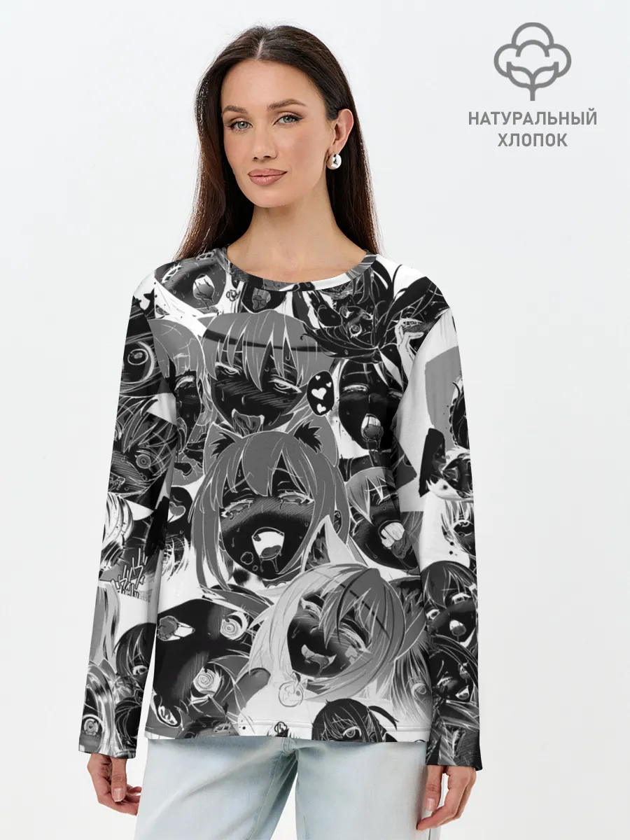 Лонгслив женский. Хлопок / Ахегао паттерн черный