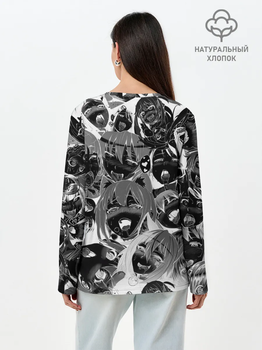 Лонгслив женский. Хлопок / Ахегао паттерн черный