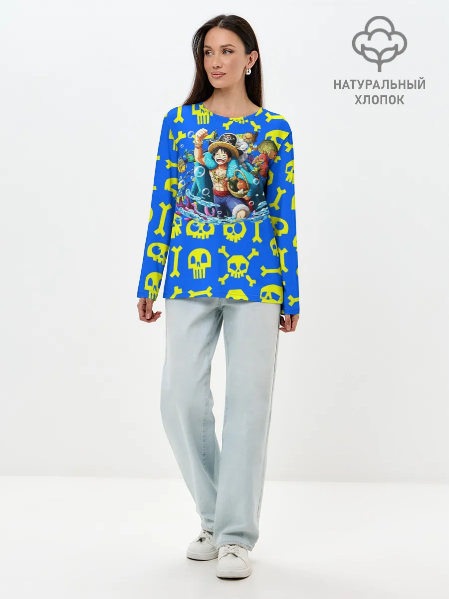 Лонгслив женский. Хлопок / Веселый Монки. Синий фон череп и кости