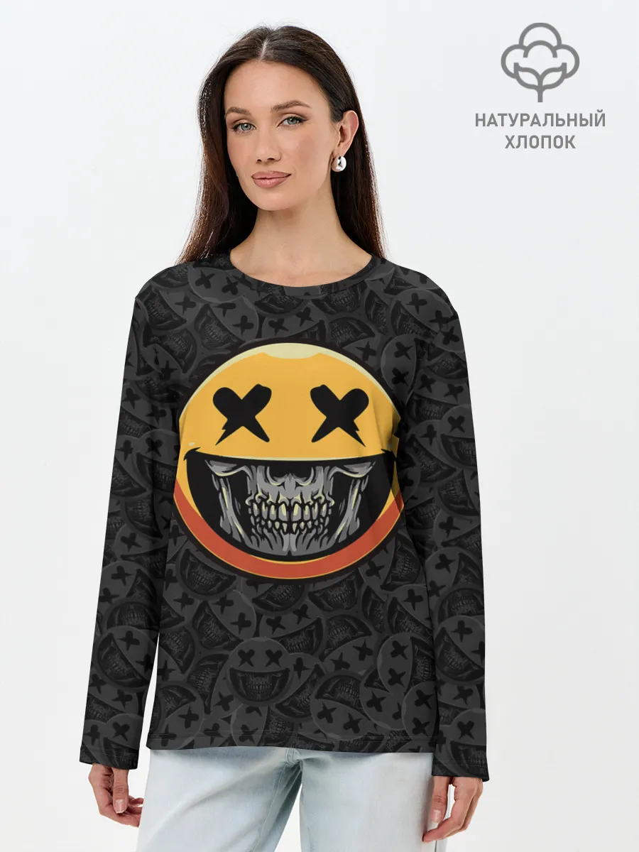 Лонгслив женский. Хлопок / Смайлик на черепе
