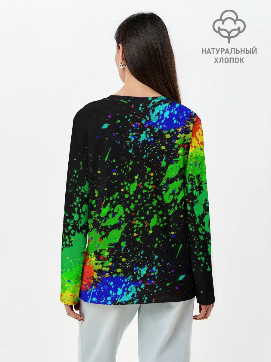 Лонгслив женский. Хлопок / Врывающийся Монки. Радужный фон