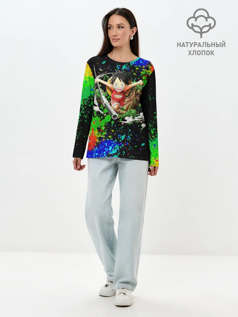 Лонгслив женский. Хлопок / Врывающийся Монки. Радужный фон