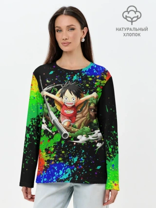 Лонгслив женский. Хлопок / Врывающийся Монки. Радужный фон