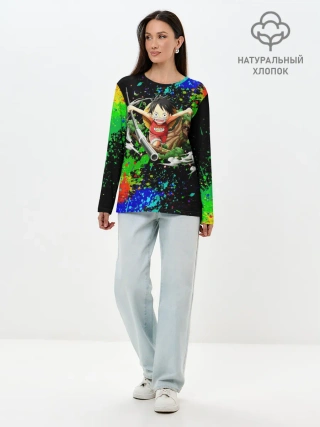 Лонгслив женский. Хлопок / Врывающийся Монки. Радужный фон