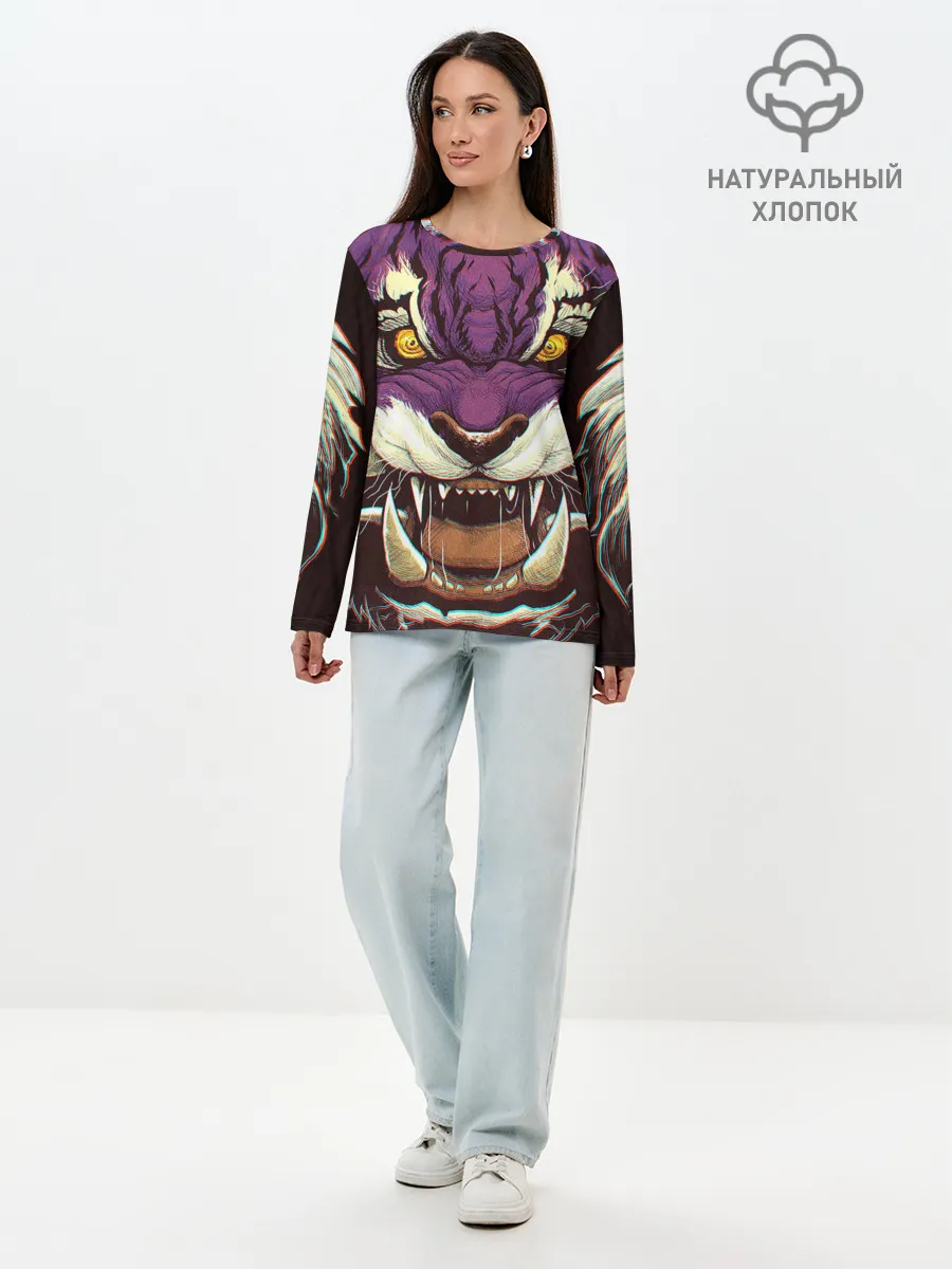 Лонгслив женский. Хлопок / Маска тигра