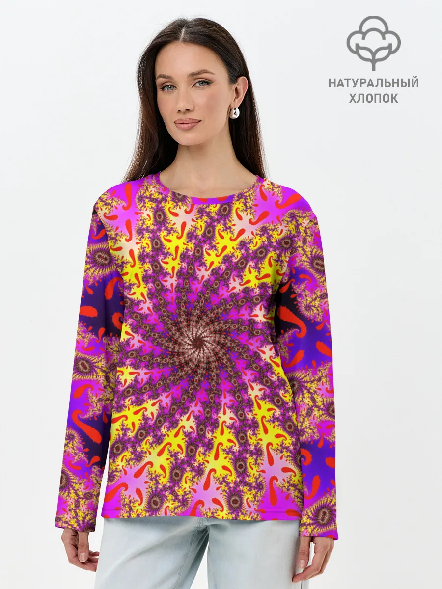 Лонгслив женский. Хлопок / НЕОНОВЫЙ РОЗОВЫЙ ФРАКТАЛ