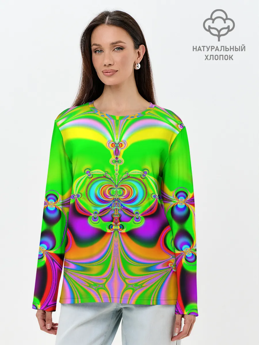 Лонгслив женский. Хлопок / КИСЛОТНЫЙ ФРАКТАЛ ГЕОМЕТРИЯ