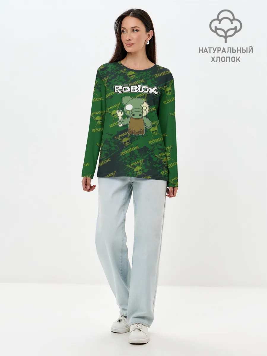 Лонгслив женский. Хлопок / Свинка Пигги из Roblox