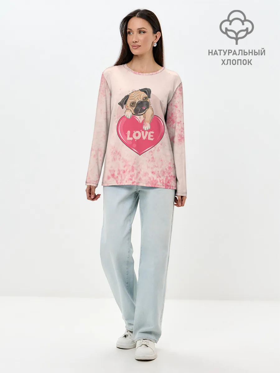 Лонгслив женский. Хлопок / Love Pug | Люблю мопса