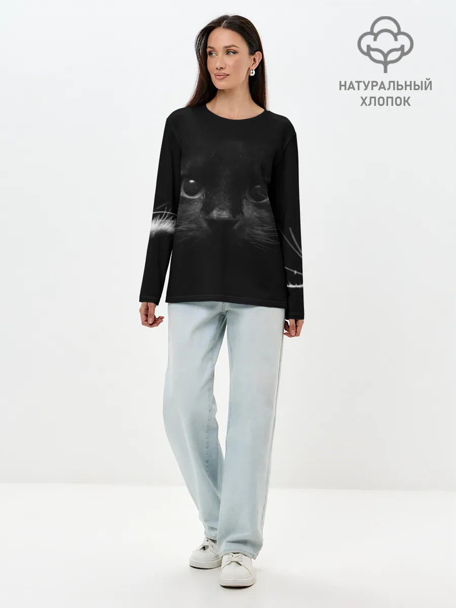 Лонгслив женский. Хлопок / Чёрный кот