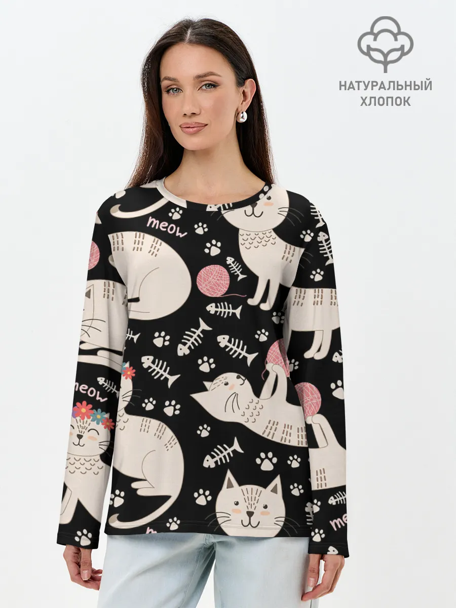 Лонгслив женский. Хлопок / Милые кошечки