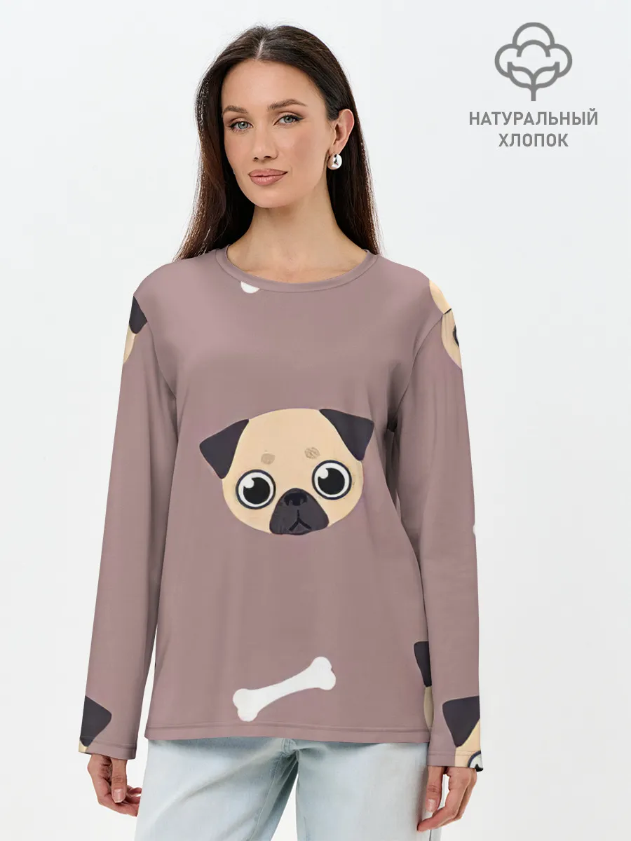 Лонгслив женский. Хлопок / Мопсины мордашки
