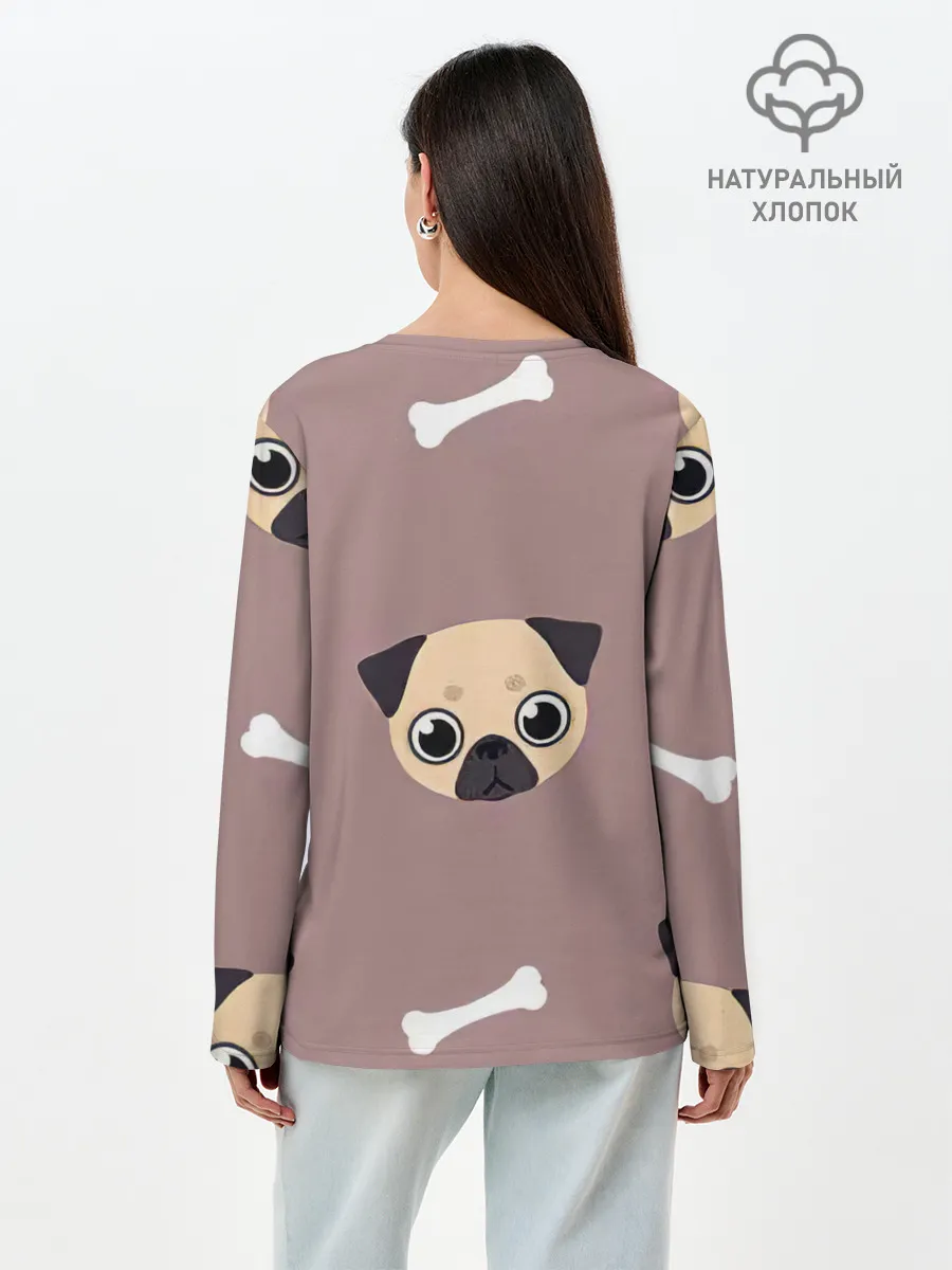 Лонгслив женский. Хлопок / Мопсины мордашки