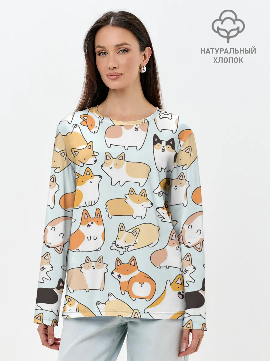 Лонгслив женский. Хлопок / Стая корги