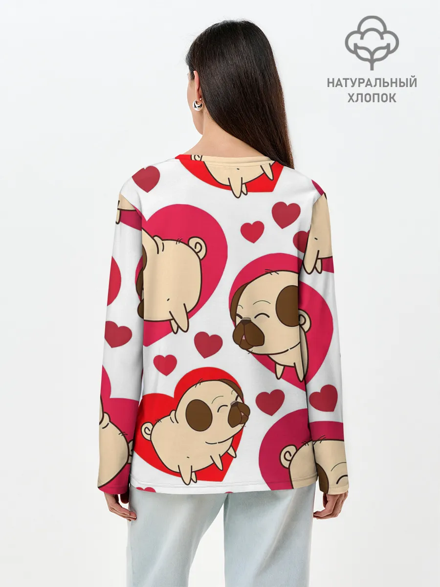 Лонгслив женский. Хлопок / Мопсики