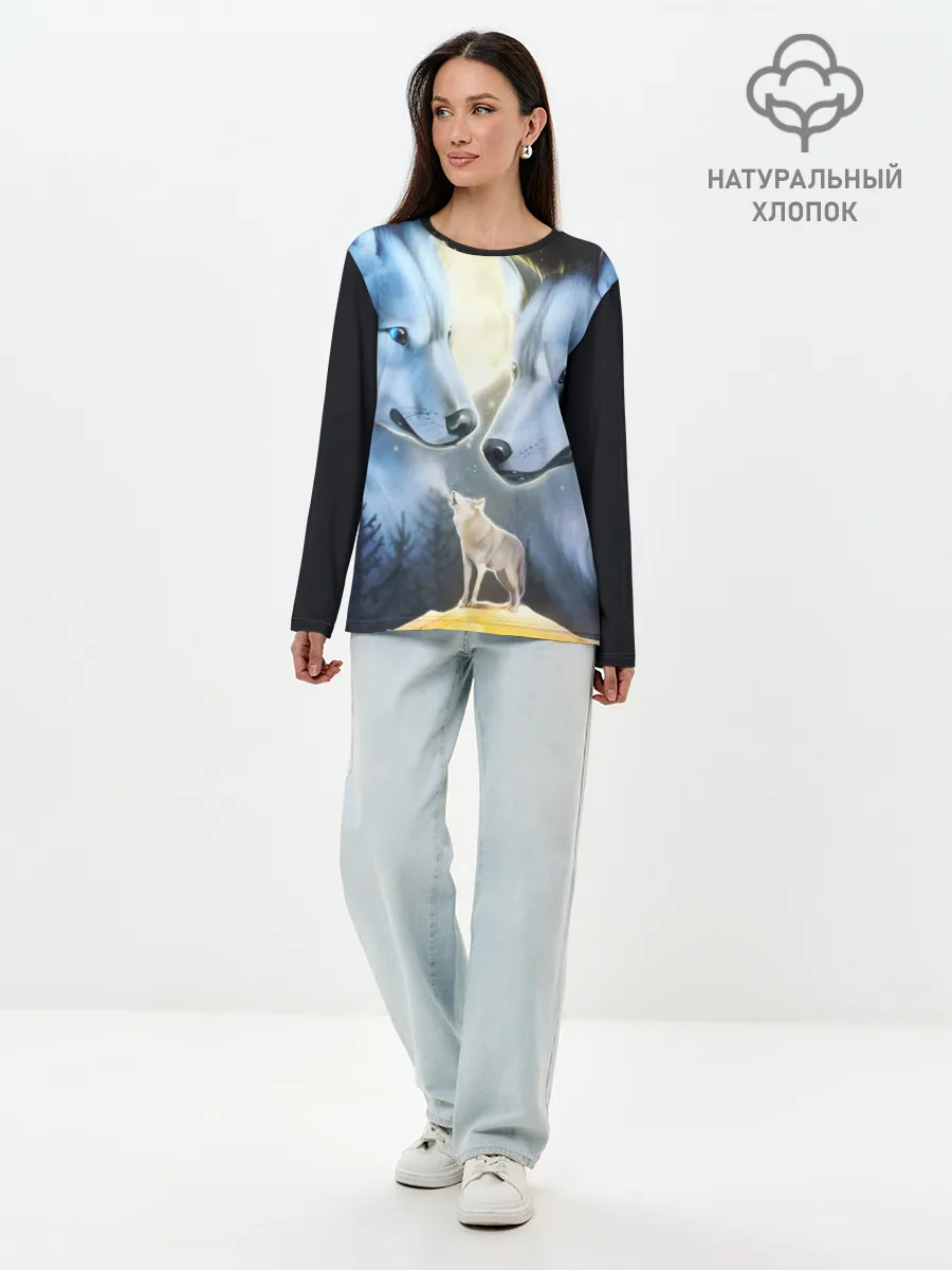 Лонгслив женский. Хлопок / ВОЛК В НОЧИ