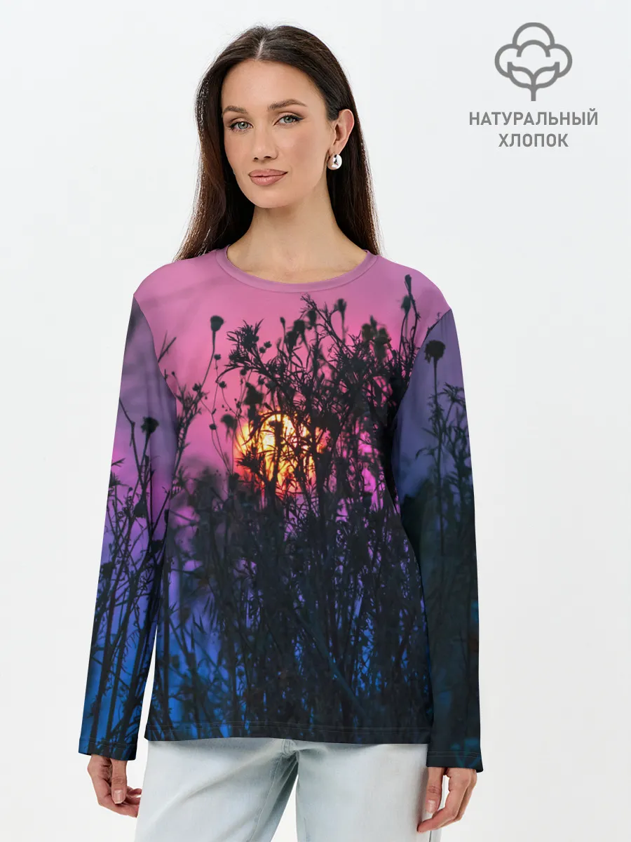 Лонгслив женский. Хлопок / Трава растения закатный свет