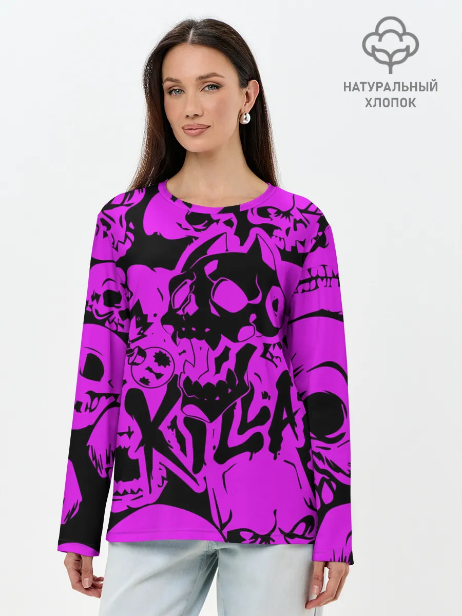 Лонгслив женский. Хлопок / KILLA фиолетовые черепа