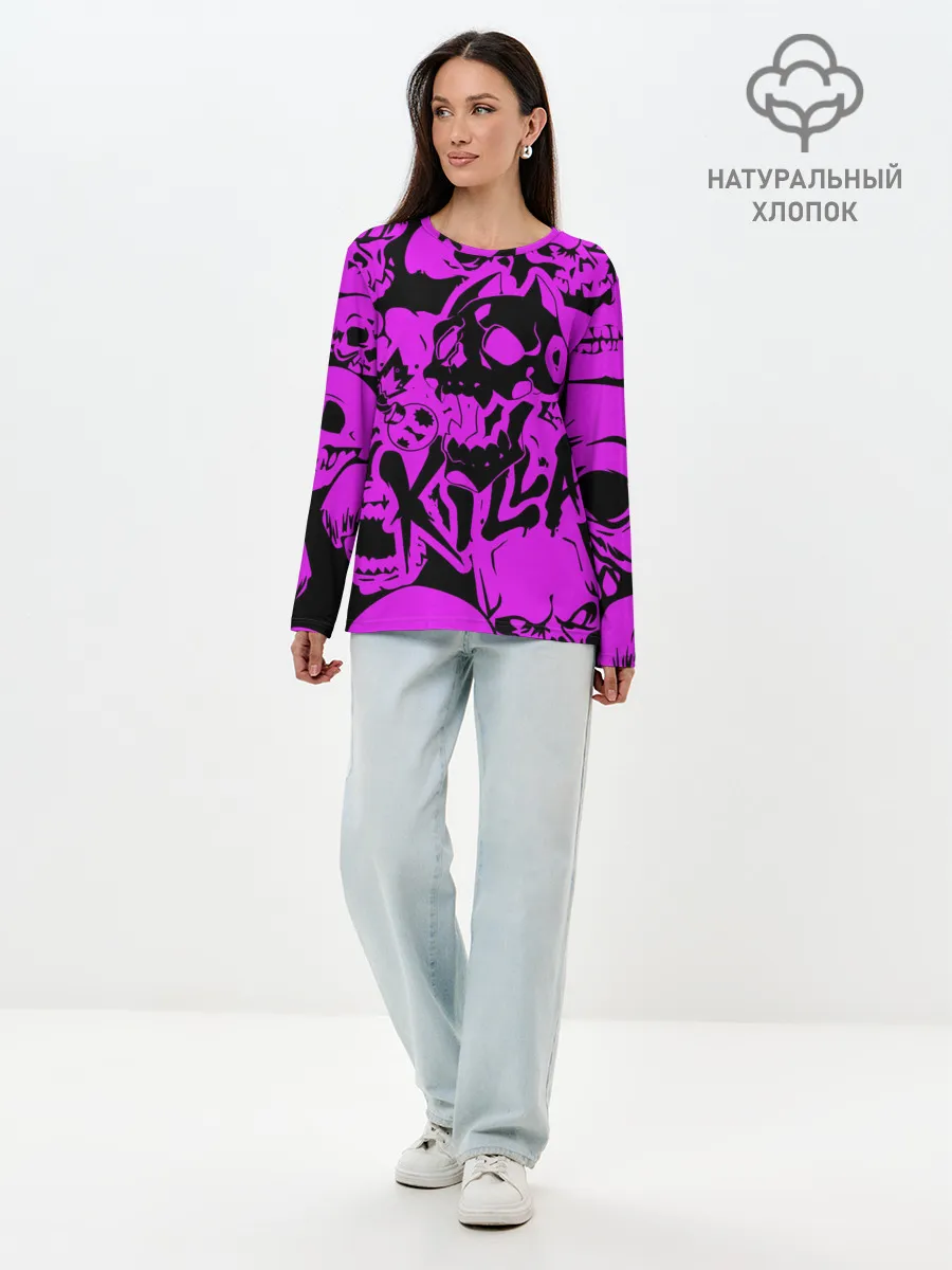 Лонгслив женский. Хлопок / KILLA фиолетовые черепа