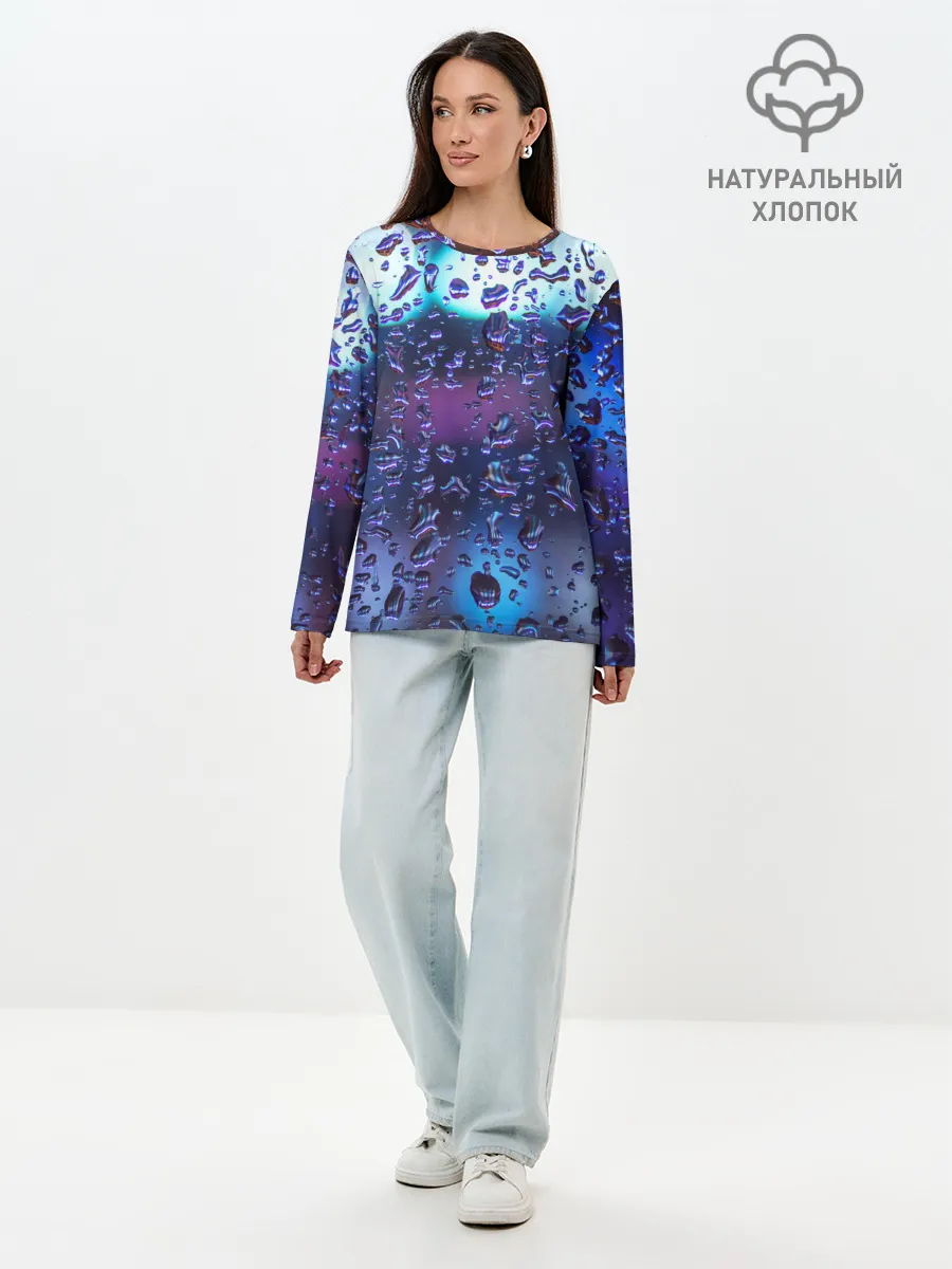 Лонгслив женский. Хлопок / Капли на стекле макро