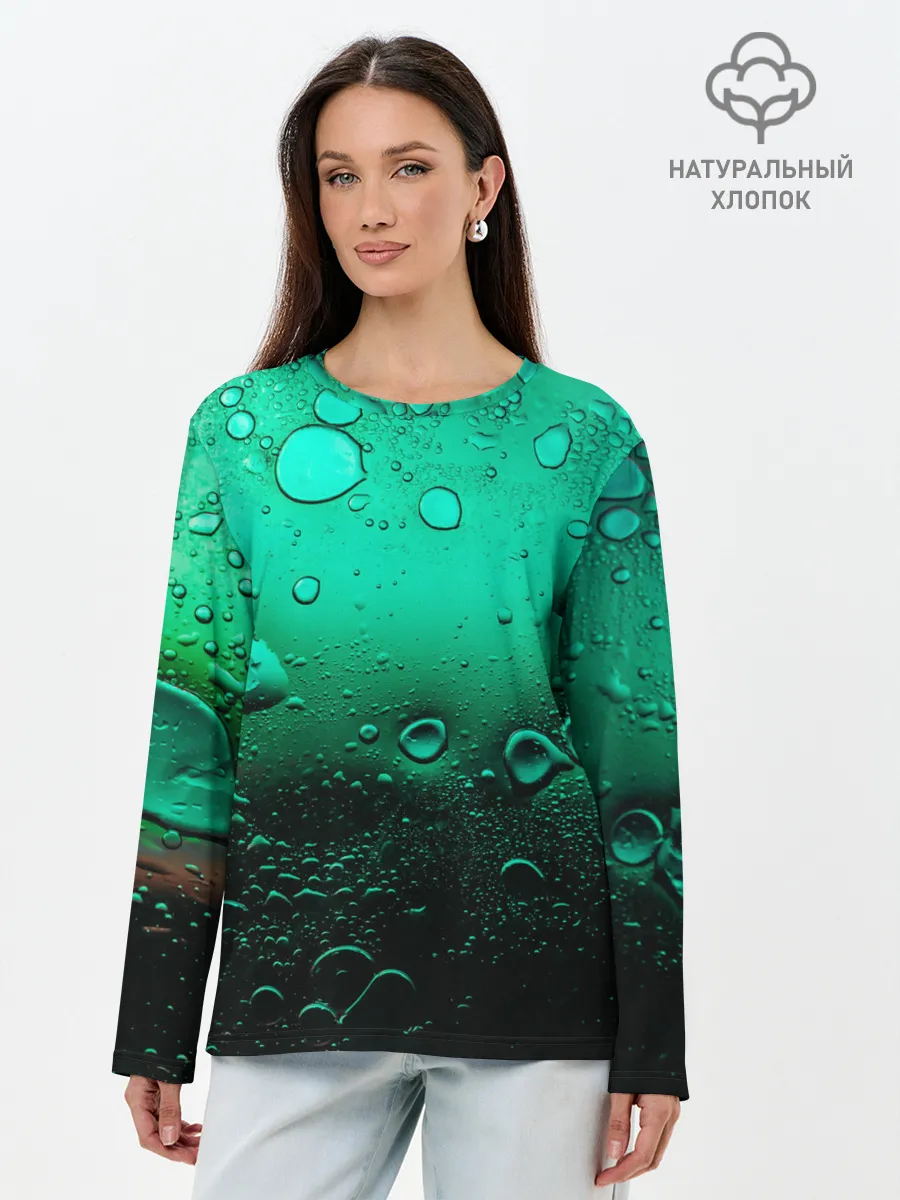 Лонгслив женский. Хлопок / Зеленые капли клетки
