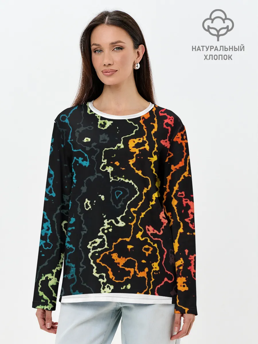 Лонгслив женский. Хлопок / линий,цветной,черный
