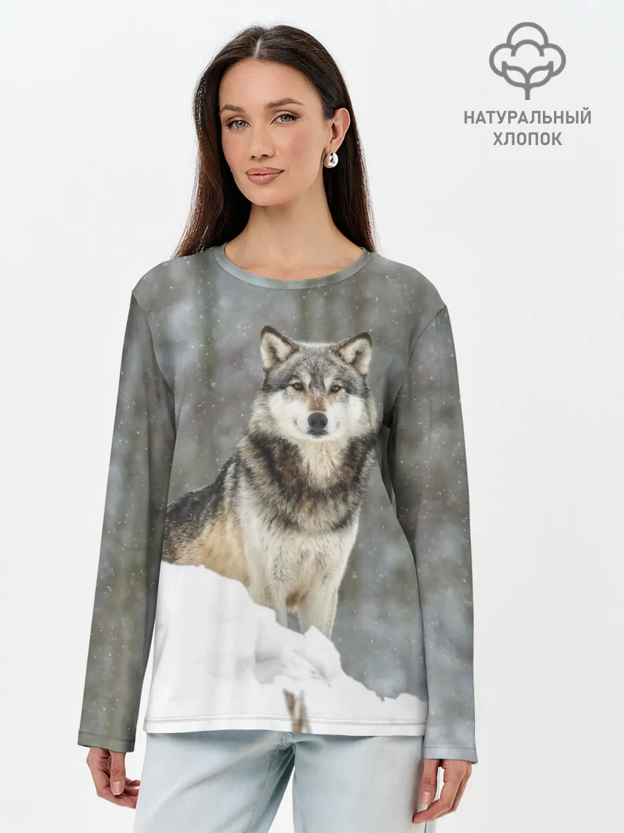 Лонгслив женский. Хлопок / Волк и снег