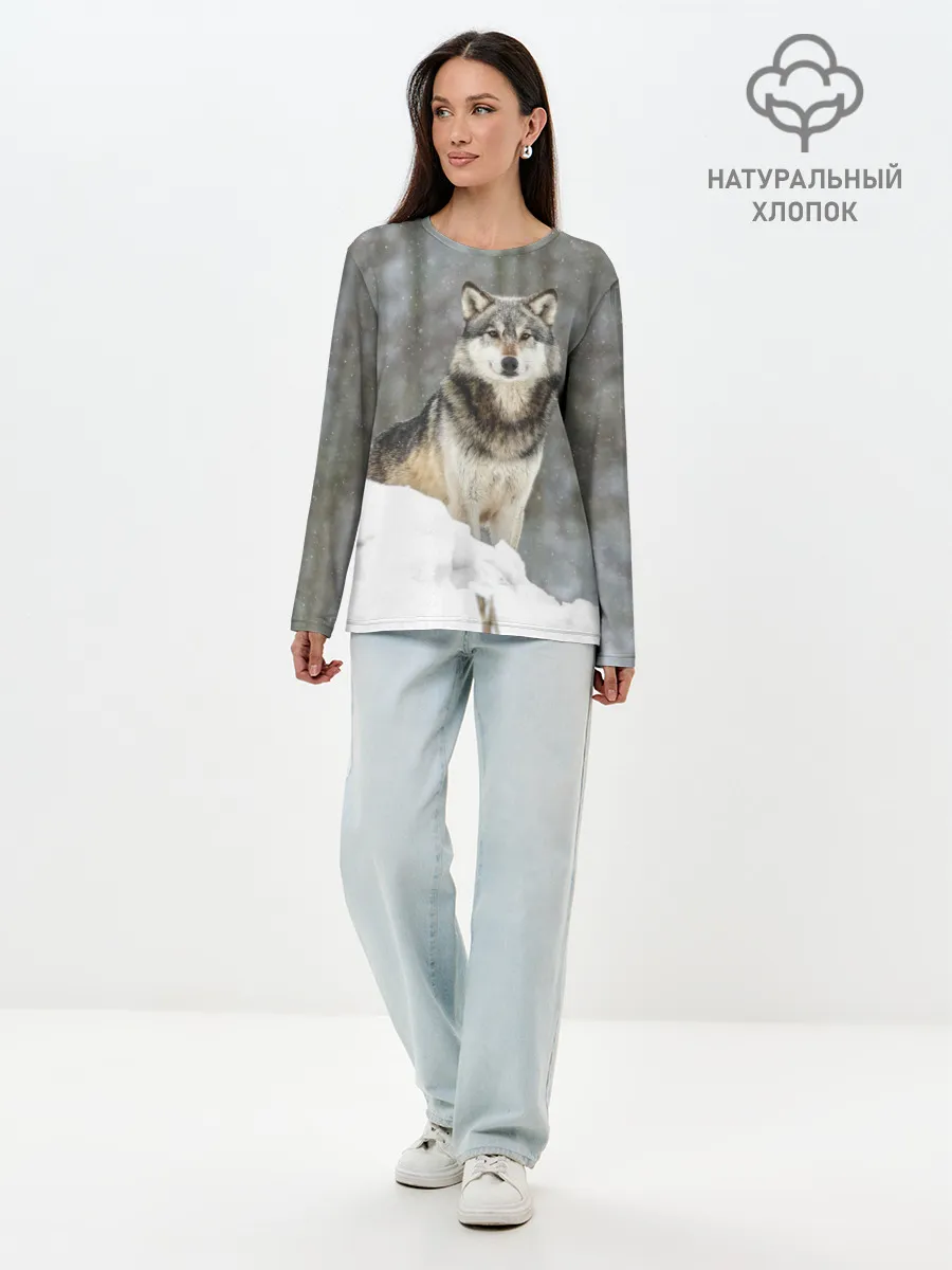 Лонгслив женский. Хлопок / Волк и снег