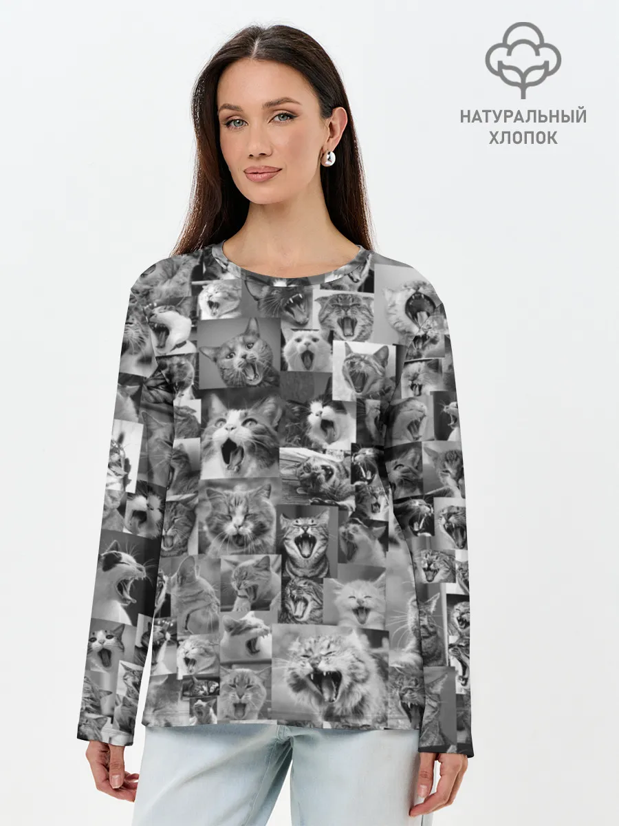 Лонгслив женский. Хлопок / Неко ахегао чб