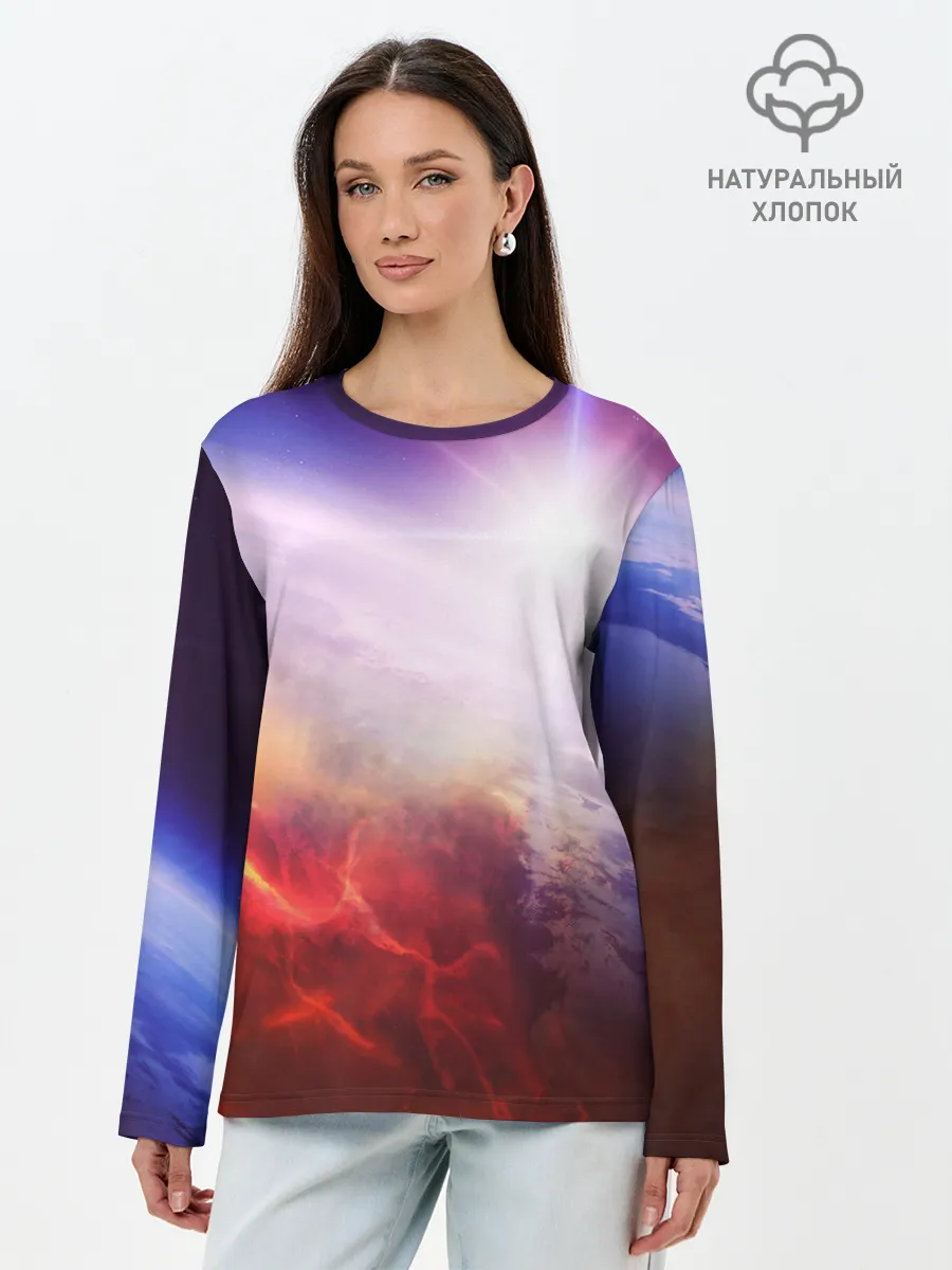 Лонгслив женский. Хлопок / Звезды в неоне