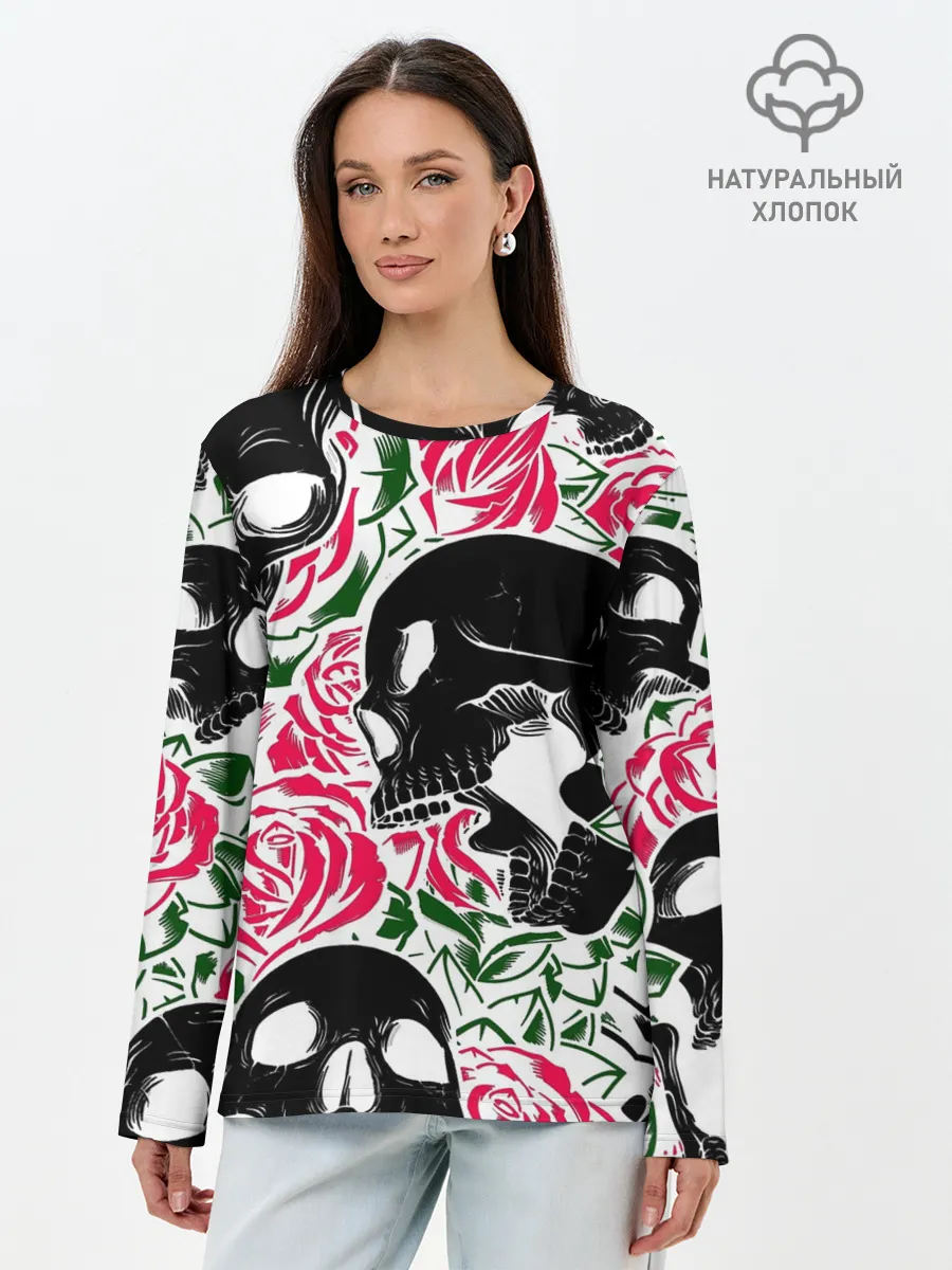 Лонгслив женский. Хлопок / Череп, розы, цветы, зубы