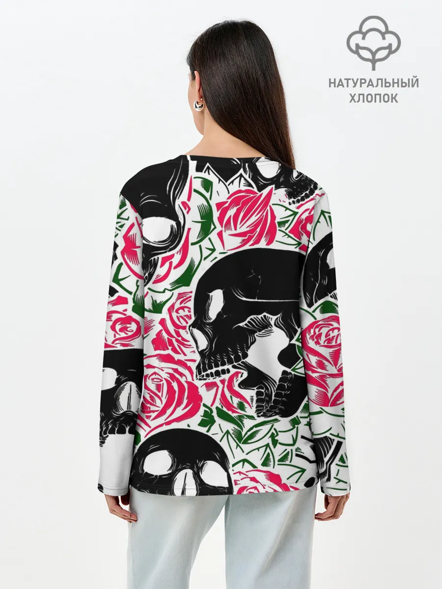 Лонгслив женский. Хлопок / Череп, розы, цветы, зубы