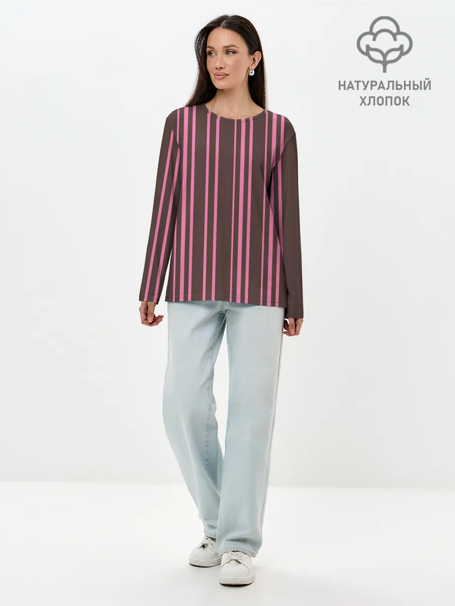 Лонгслив женский. Хлопок / Чёрно-розовые линии