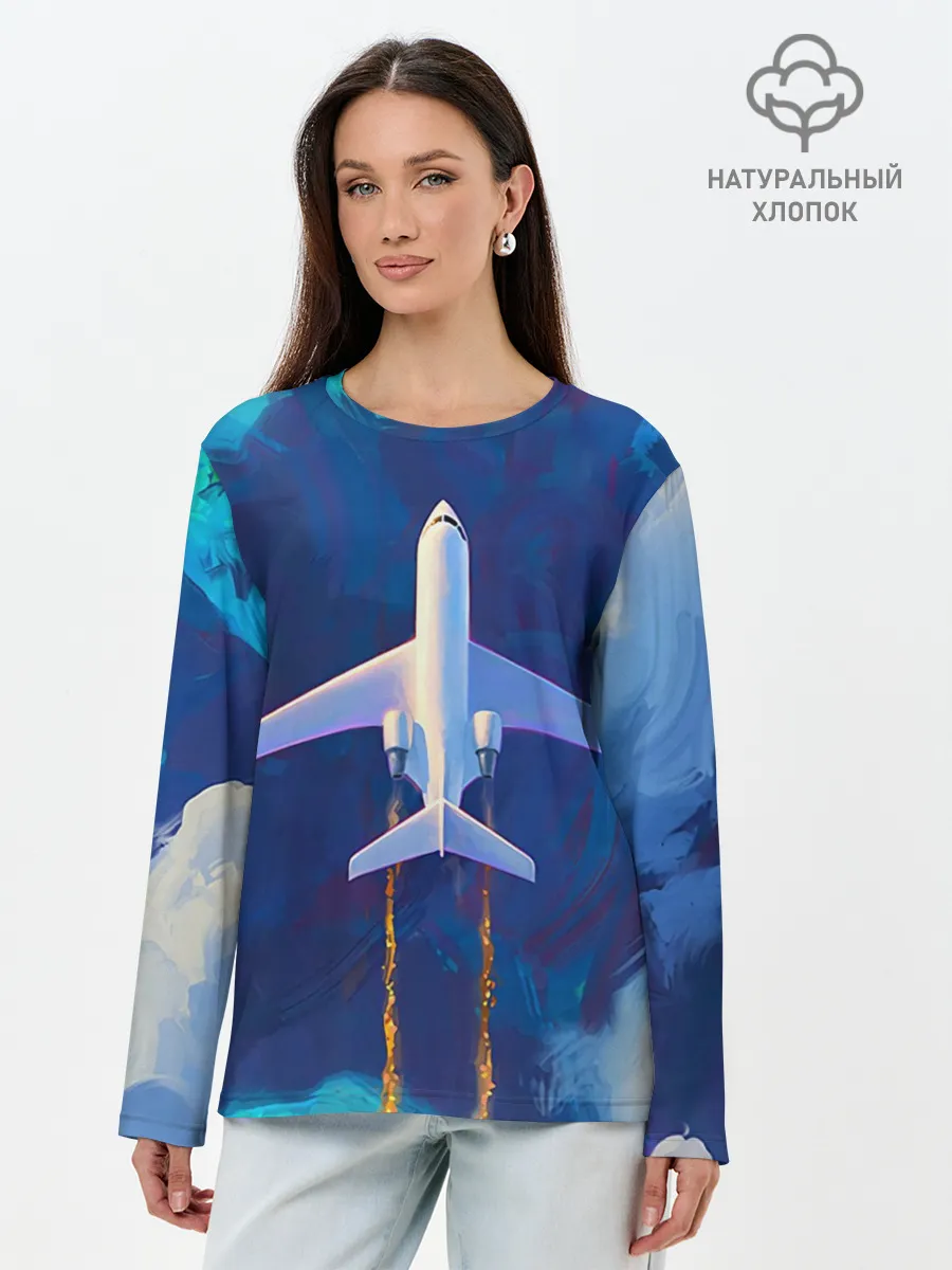 Лонгслив женский. Хлопок / Самолёт на небе