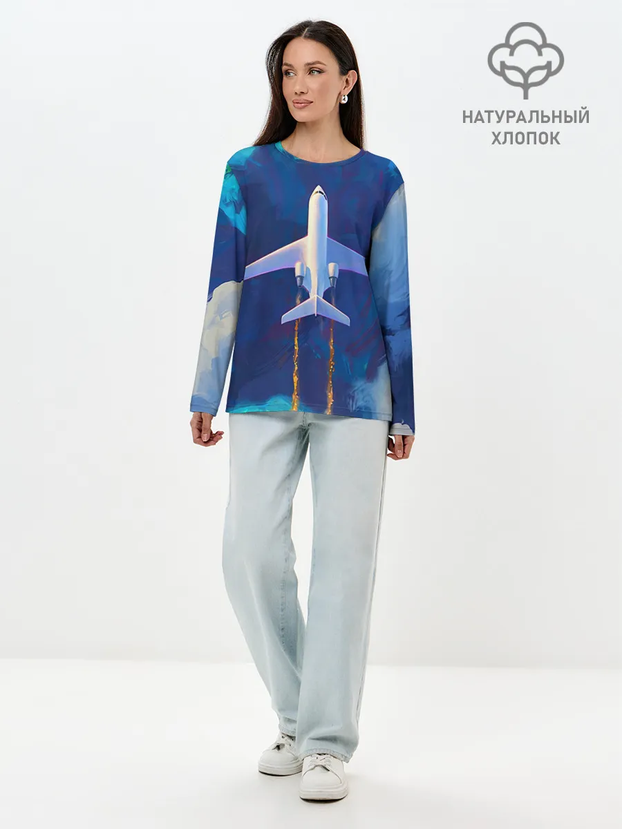 Лонгслив женский. Хлопок / Самолёт на небе