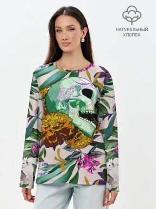 Лонгслив женский. Хлопок / Череп в цветах
