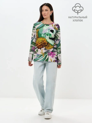 Лонгслив женский. Хлопок / Череп в цветах